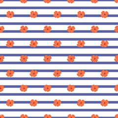 Red flowers on blue and white stripe background seamless repeat vector pattern. Great for paper products and stationery such as invitations, notebooks and party items. Would be great for gift and home
