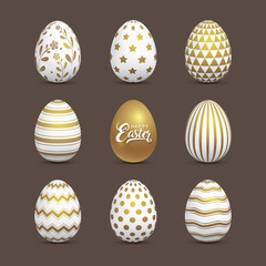 Easter eggs golden set with decorated pattern elements for gift, seasonal celebration and holidays in april isolated on black background vector illustration