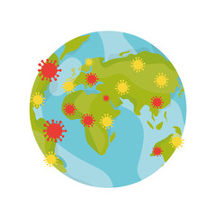 Vector illustration of COVID-19 coronavirus inside Earth globe. Pandemic of nCov-19. Influenza virus epidemic. World problem. Flu infection. Coronavirus.