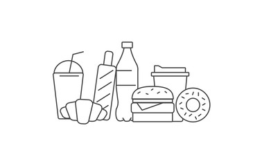Fast or street food meal items put together in still life composition, simple line icons of lunck snack or dinner, isolated