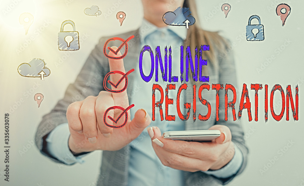 Poster handwriting text writing online registration. conceptual photo system for subscribing or registering