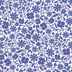 Blue scattered flowers seamless repeat vector pattern. Great for paper products and stationery such as invitations, notebooks and party items. Would be great for gift and home ware products such as