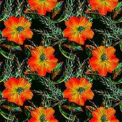 Daffodile flowers with leaves, seamless pattern.
