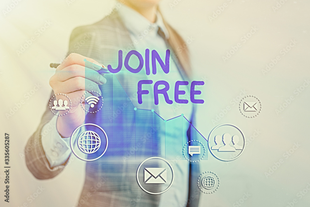 Poster conceptual hand writing showing join free. concept meaning the act or an instance of joining a group