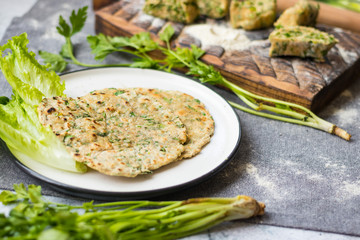 Flatbread with greens and herbs.  Traditional caucasus and Turkish bread.