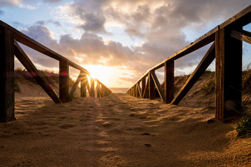 sunset pathway to the shore, way to the beach
