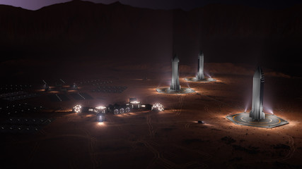 A depiction of a base on a hostile and barren planet. The small colony is equipped with two rovers for astronauts to use for exploration of the surface. 3d illustration © unlimit3d
