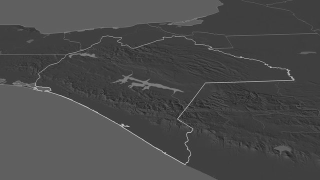 Chiapas, state with its capital, zoomed and extruded on the bilevel map of Mexico in the conformal Stereographic projection. Animation 3D