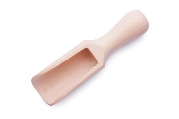 Empty wooden scoop isolated on white background. Small shovel for spices. Top view
