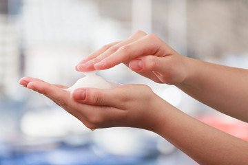 Man's hands are washed with soap. Disinfection prevention of viral diseases