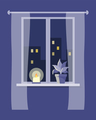 City night view from window with curtains. Stay at home after work and relax. Bedtime in cozy interior. Calm evening with candle light and plant. Flat vector illustration in dark blue colors.