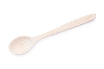 Empty wooden spoon isolated on white background. Top view of natural kitchenware