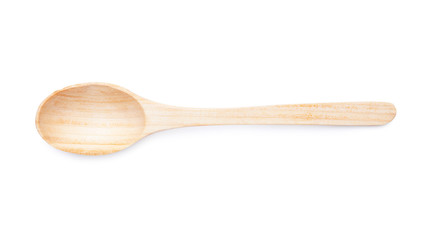Empty wooden spoon isolated on white background. Top view of natural kitchenware