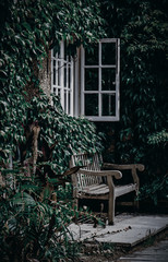 Front of house with bench covered by ivy.