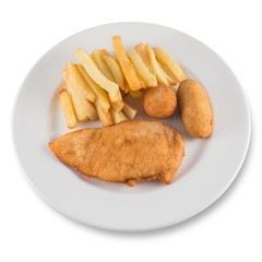 Plate of breaded chicken breast with croquettes and French fries.