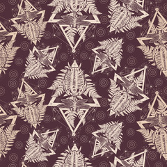 Nautilus shell prehistoric. Ancient ammonite. Seamless pattern. Packing old paper, scrapbooking style. Vintage background. Medieval manuscript, engraving art. Symbol of paleontology, science