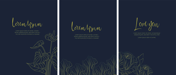 Wedding Invitation, floral invite thank you, rsvp modern card Design in golden peony with poppy and tropical palm leaf decorative Vector elegant rustic template with Navy Blue background