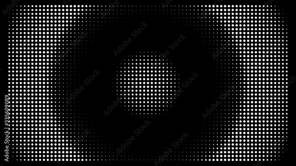 Poster white polka dots against black background. concentric growing circles seamless loop transition