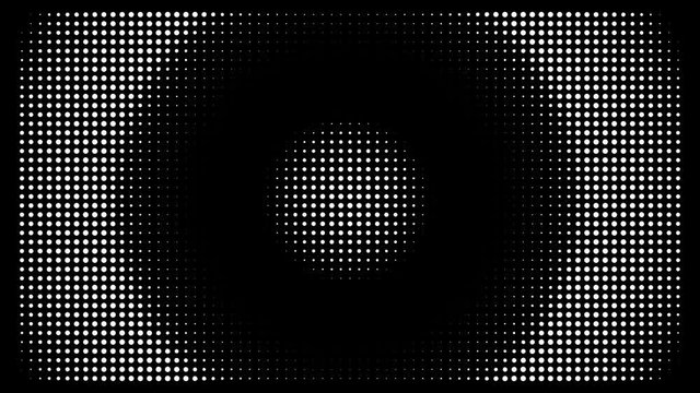 White polka dots against black background. Concentric growing circles seamless loop transition