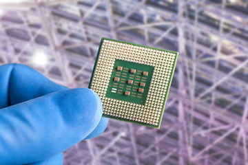 The hands of the scientist hold the processor