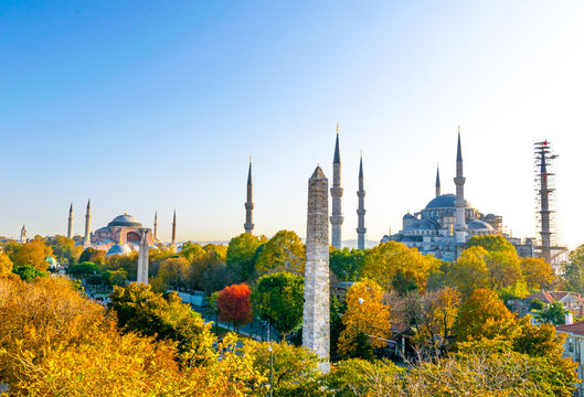 Panoramic autumn view of Blue Mosque , walled Obelisk and hagia sophia museum. Histoical monuments and travel destination -Istanbul.Turkey. 2020