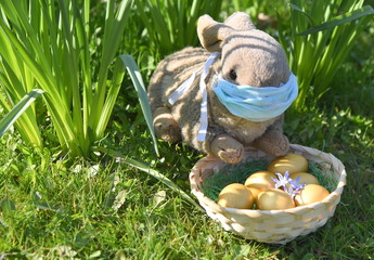Osterhase mit Mundschutz im Grünen mit einem Osternest sitzend