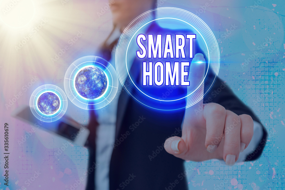 Poster writing note showing smart home. business concept for automation system control lighting climate ent
