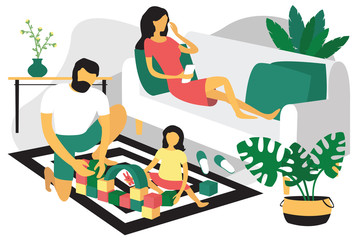 Happy family at home. Father plays with daughter, mother rests on the couch with smartphone. Modern flat design concept of pastime at home. Bright vector illustration isolated on white background.