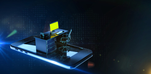 office desk monitor keyboard armchair and mouse on smartphone screen in digital cyberspase. Concept of mobile office, Quarantine online outsource work remote jobs. 3d Rendering