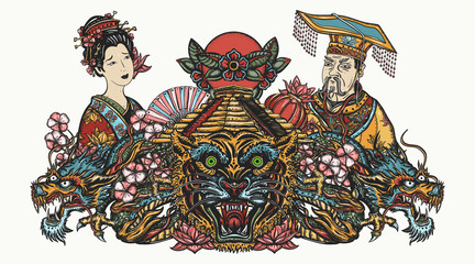Ancient China art. Dragons, tiger head, emperor, queen in traditional costume, fan, lantern and lotus flower. Asian oriental art. Tattoo and t-shirt design