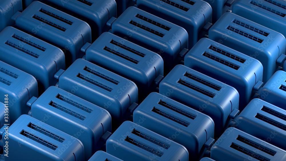 Poster 3d render an array of a blue toaster on a blue background. kitchen appliances in single monochrome c