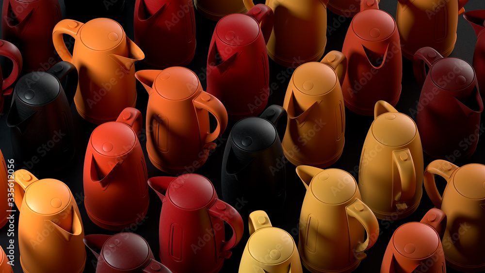 Poster 3d render an array of colorful kettles on a black background. kitchen appliances in single monochrom