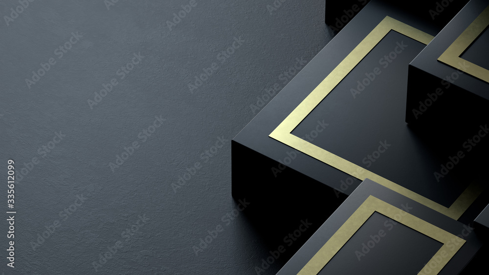 Aufkleber 3d render abstract background with black cubes and gold frames. the minimalist concept with dark moo