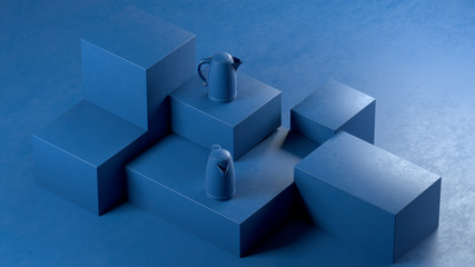 3d render abstract composition with blue cubes and blue kettles on top. Kitchen appliances in single monochrome colors.
