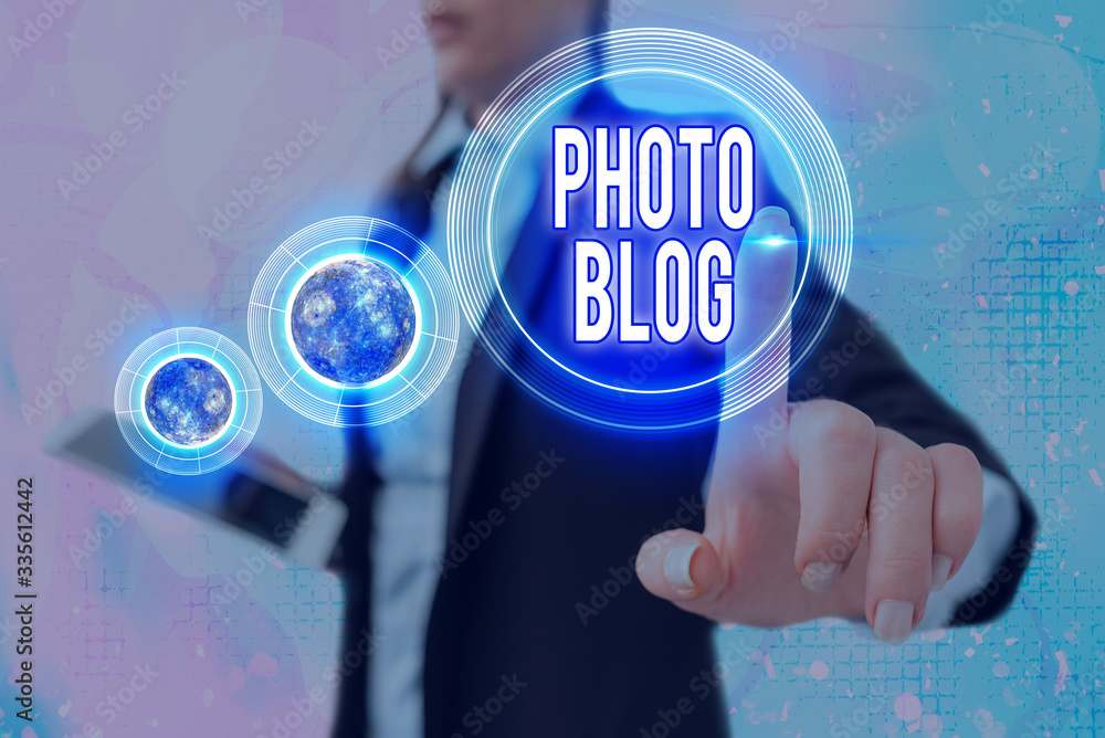 Poster writing note showing photo blog. business concept for form of photo sharing and publishing in the fo