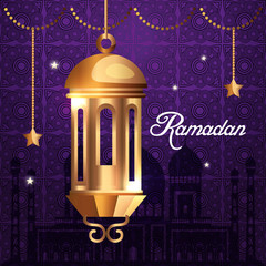 ramadan kareem poster with lantern and stars hanging vector illustration design