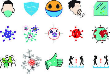 15 pcs set of Coronavirus Covid-19 Pandemic, Epidemic, Virus, Infection Related Vector Colored Icons. Contains Virus, Protection, Symptoms illustration.