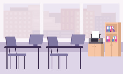 Office interior. Work tables, printer, wardrobe