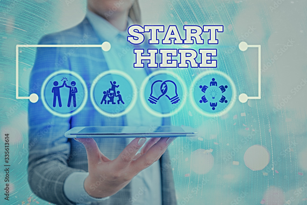 Poster conceptual hand writing showing start here. concept meaning telling someone this is beginning point 