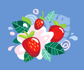 Fresh strawberry berries with juice splash. Organic food strawberries with abstract vector leaves and swirls illustration.