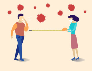 Social distancing, keep distance in public society people to protect from COVID-19 coronavirus outbreak spreading concept, man and woman keep distance away in the meeting with virus pathogens