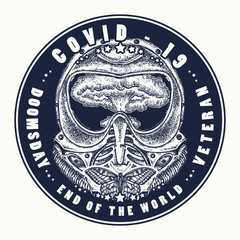 Coronavirus tattoo and t-shirt design. COVID-19. Gas mask and nuclear explosion. Doomsday. Veteran. End of the world art