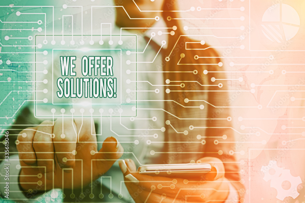 Aufkleber handwriting text writing we offer solutions. conceptual photo way to solve problem or deal with diff
