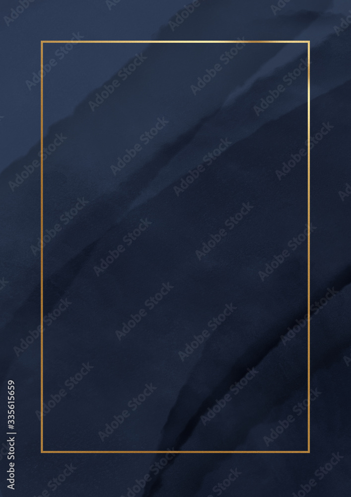 Poster rectangular gold frame on an abstract blue background. modern watercolor texture. template a beautif