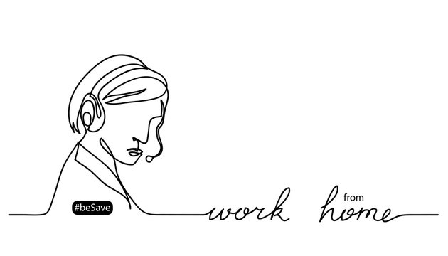 Work From Home Lettering And Vector Illustration. Person With Headset.