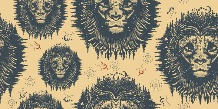Magic lion in the night sky.  Symbol travel, tourism, adventure. Seamless pattern. Packing old paper, scrapbooking style. Vintage background. Medieval manuscript, engraving art