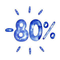 Minus 80 percent, 80%, eighty percent in blue for flyer, poster, shopping, sign, discount, marketing, selling, banner, web, header, watercolor illustration