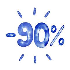 Minus 90 percent, 90%, ninety percent in blue for flyer, poster, shopping, sign, discount, marketing, selling, banner, web, header, watercolor illustration