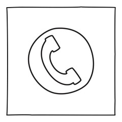 Doodle telephone call icon or logo, hand drawn with thin black line.