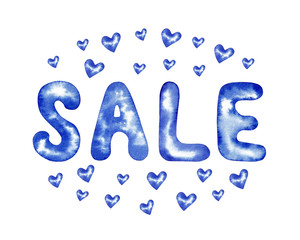 Sale, Hand painted watercolor lettering with hearts in blue